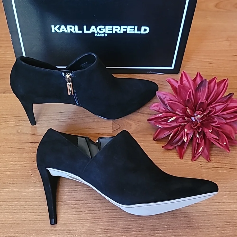 KARL LAGERFELD PARIS Black Suede Leather Mishka Ankle Boot Size 10 - Picture 1 of 6